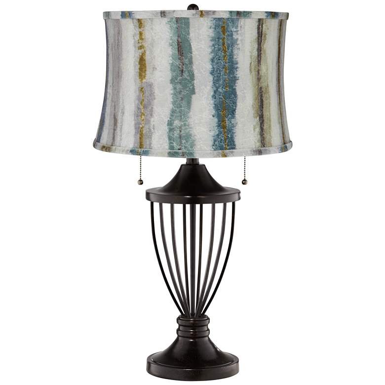 Image 1 Blue Multi Crackle Stripes Shade Bronze Urn Table Lamp