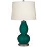 Blue Peacock Double Gourd Table Lamp with Vine Lace Trim