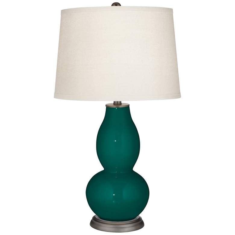 Image 2 Blue Peacock Double Gourd Table Lamp with Vine Lace Trim