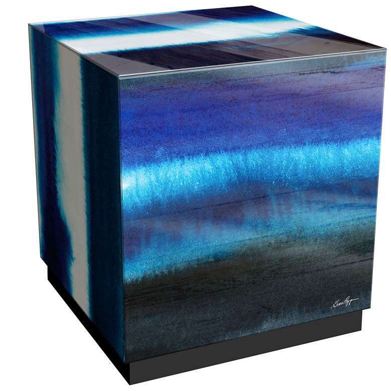 Image 1 Blue Run Off II" Reverse Printed Beveled Art Glass Lamp Table