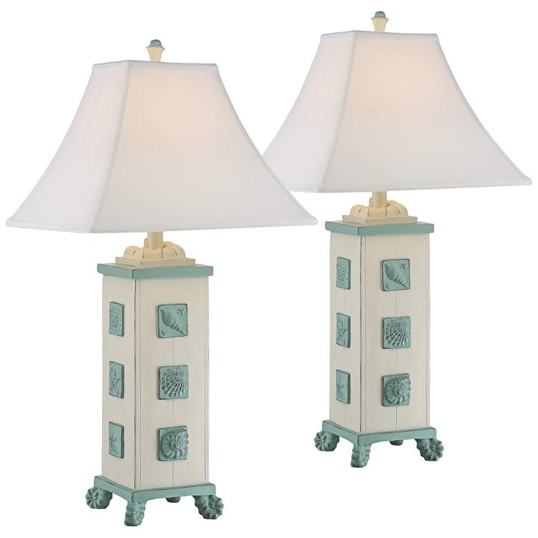 Image 1 Blue Seashells Antique White Square Column Table Lamp Set of 2