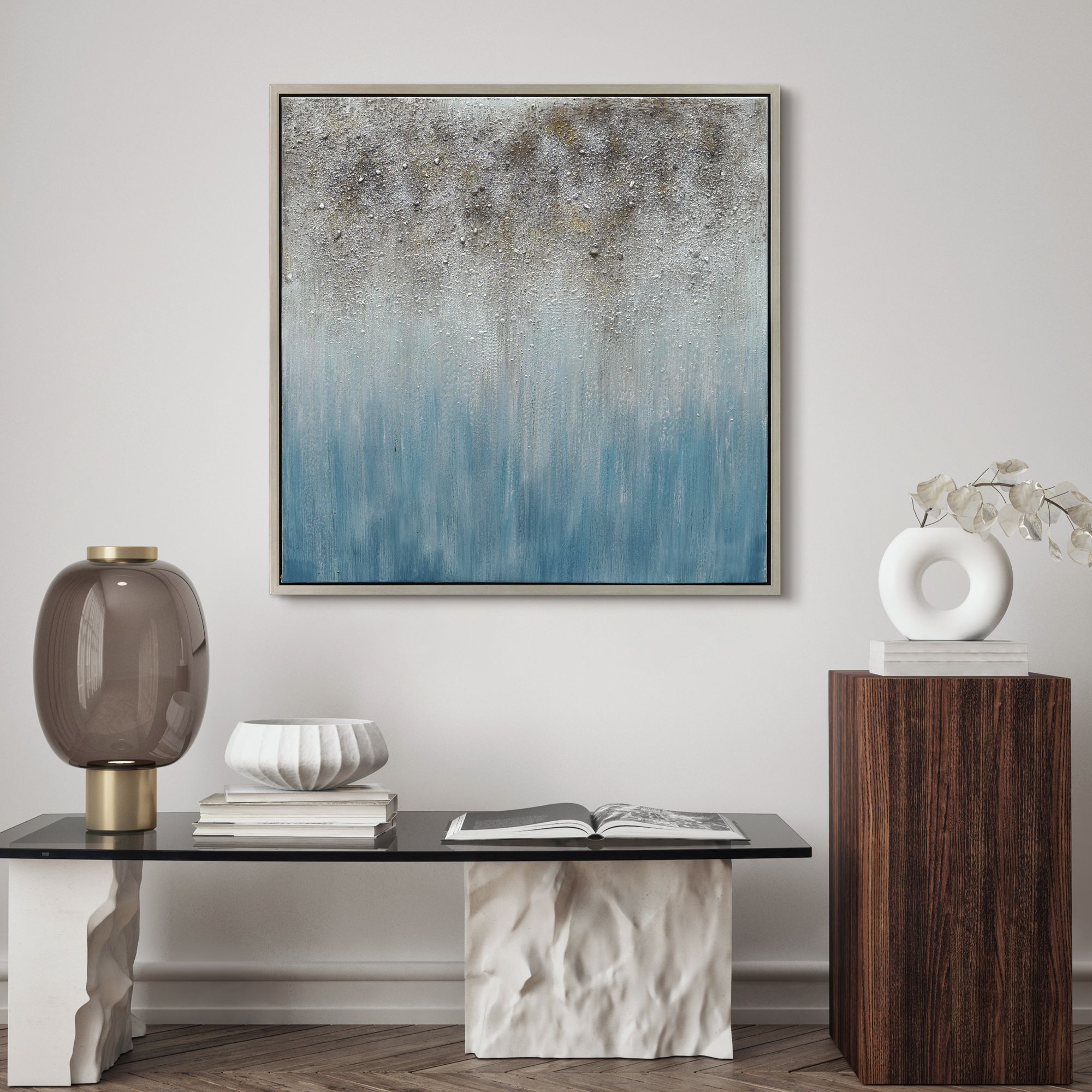 Blue Shadow 36" Square Framed Canvas Wall Art in scene