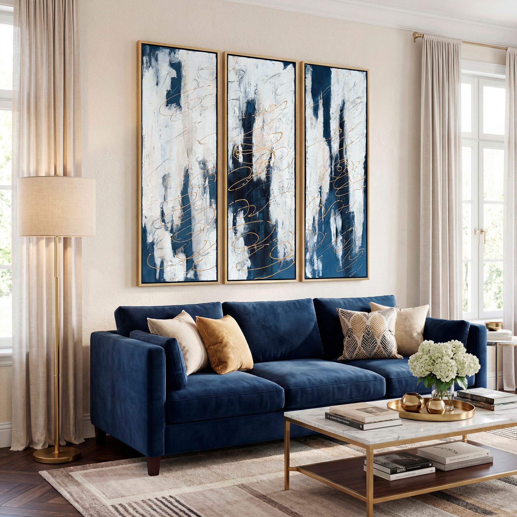 Blue Shadows 60" High 3-Piece Framed Canvas Wall Art Set in scene