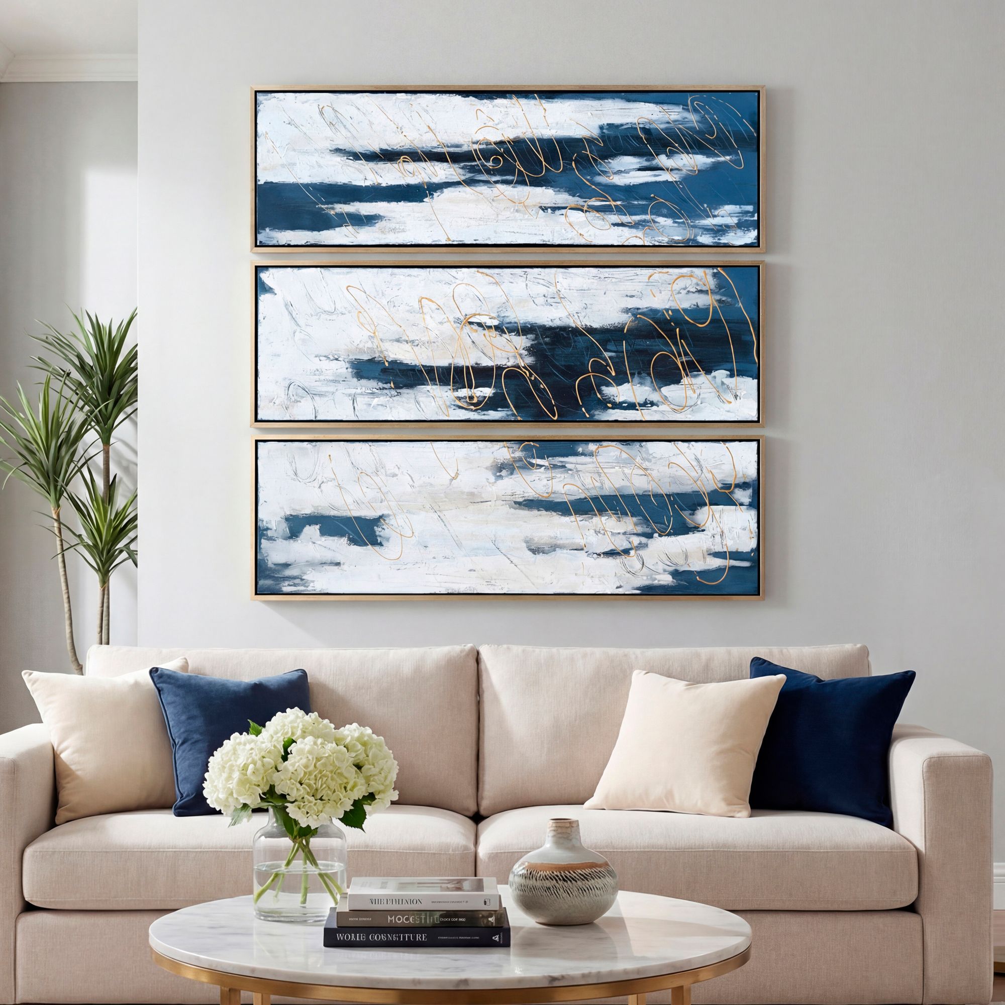 Blue Shadows 60" High 3-Piece Framed Canvas Wall Art Set in scene
