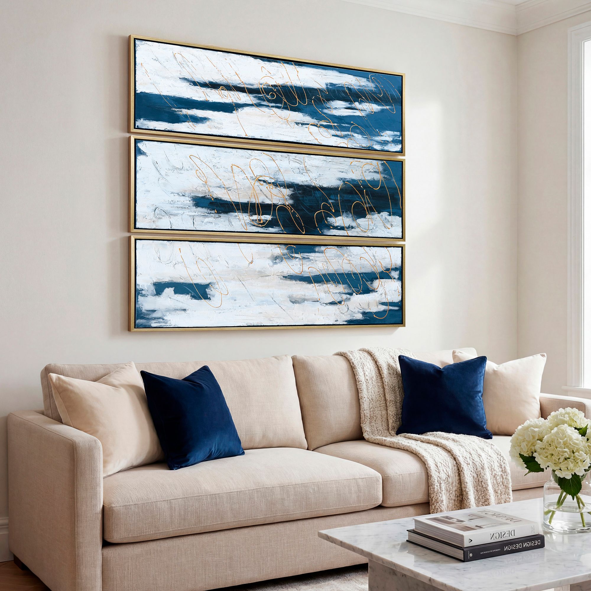 Blue Shadows 60" High 3-Piece Framed Canvas Wall Art Set in scene