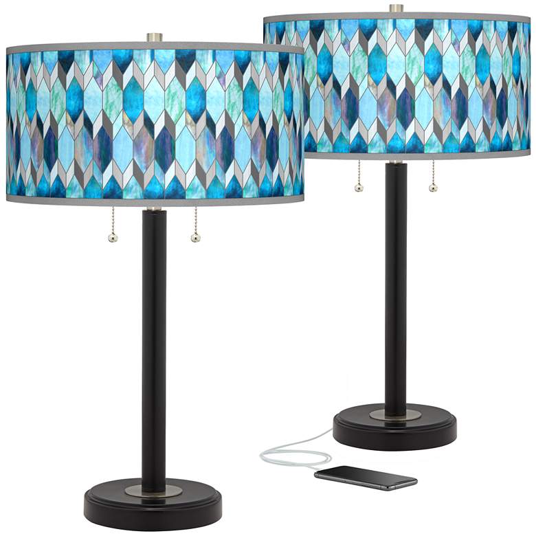 Image 1 Blue Tiffany Arturo Black Bronze USB Table Lamps Set of 2