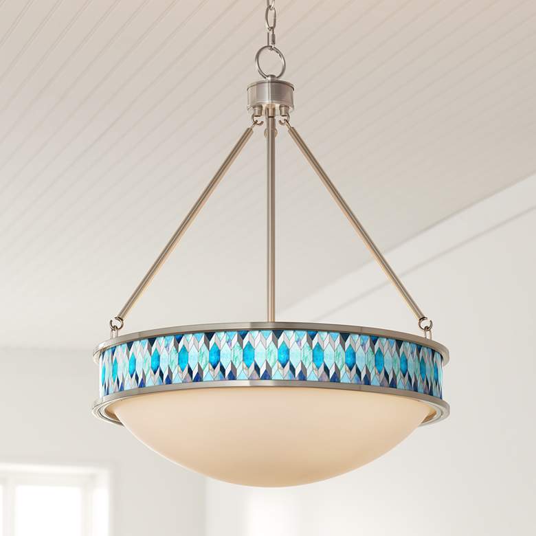 Blue Tiffany-Style 20 1/2 inch Wide Brushed Nickel Pendant Light