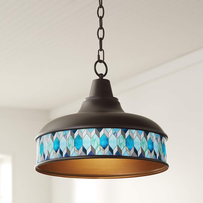 Image 1 Blue Tiffany-Style Benson 15" Wide Bronze Pendant Light