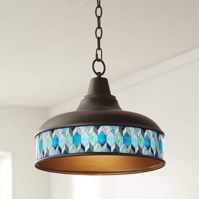 Image 1 Blue Tiffany-Style Benson 15 inch Wide Bronze Pendant Light