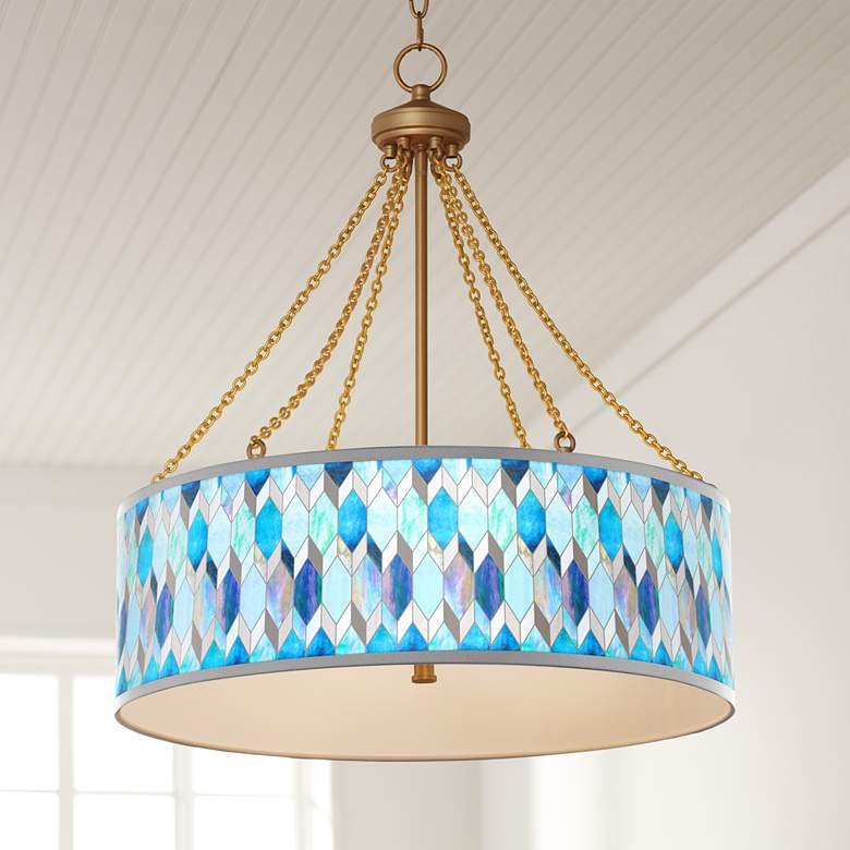 Image 1 Blue Tiffany-Style Dana Antique Brass Pendant Light