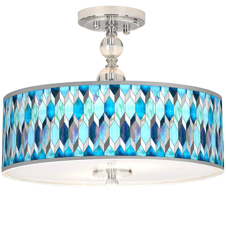 Image 1 Blue Tiffany-Style Giclee 16 inch Wide Semi-Flush Ceiling Light