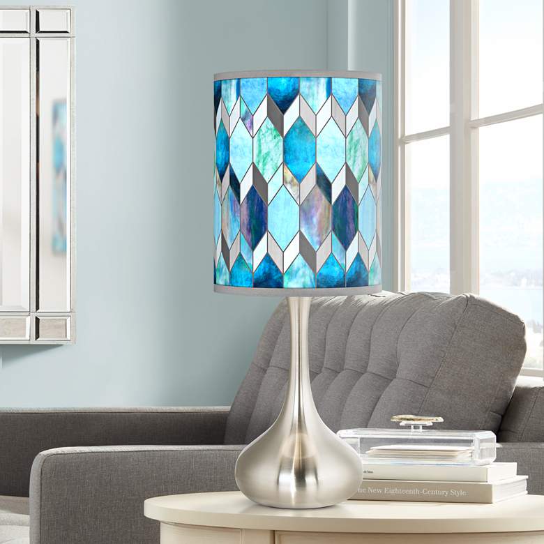 Image 1 Blue Tiffany-Style Giclee Printed Shade with Modern Droplet Table Lamp