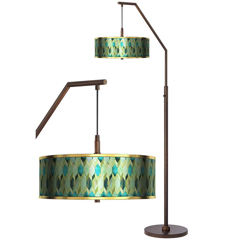 Blue Tiffany-Style Gold Metallic Downbridge Arc Floor Lamp