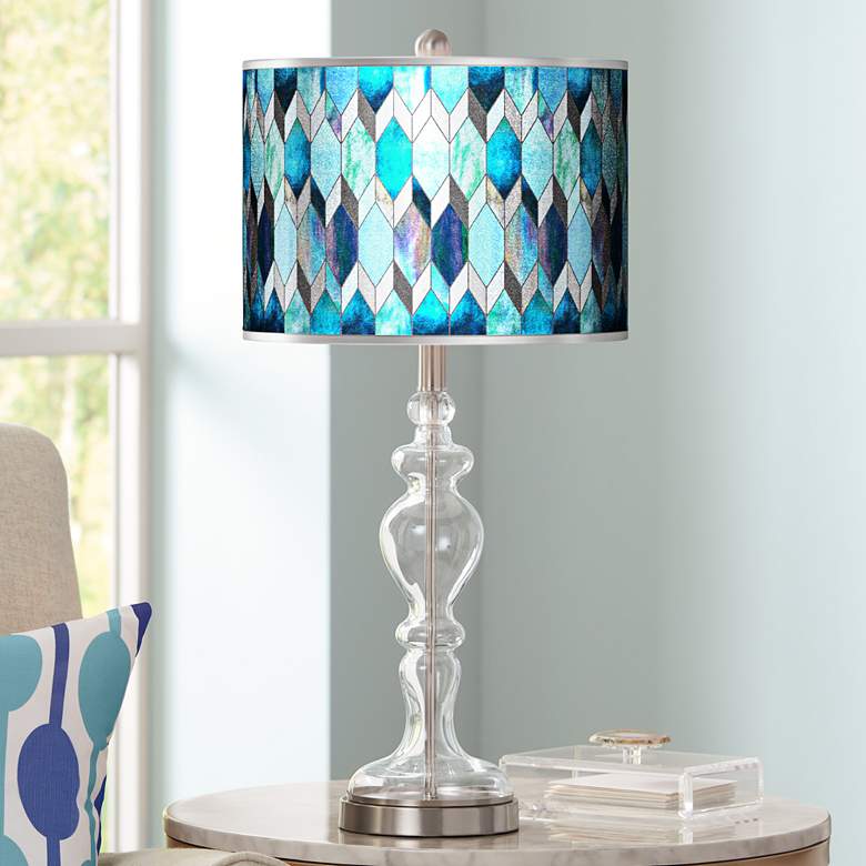 Image 1 Blue Tiffany-Style Silver Metallic Apothecary Glass Table Lamp
