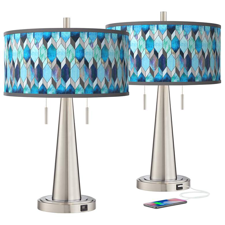 Image 2 Blue Tiffany-Style Vicki Brushed Nickel USB Table Lamps Set of 2