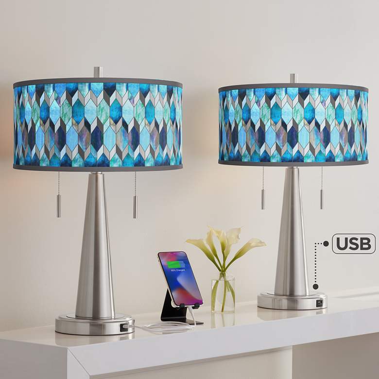 Image 1 Blue Tiffany-Style Vicki Brushed Nickel USB Table Lamps Set of 2