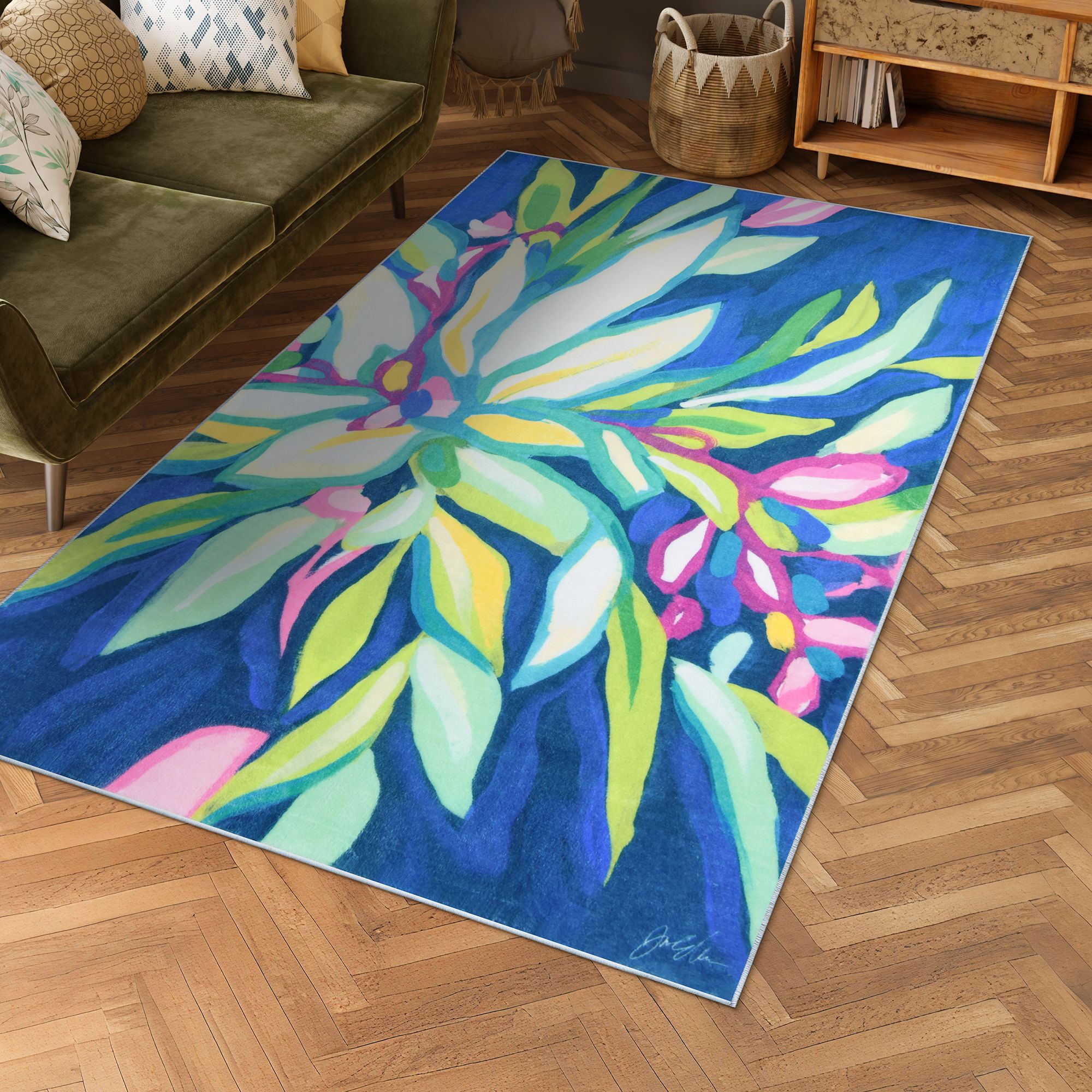 Image 2 Blue Tropics I 5'x 8'Hand Washable Flowers Power-loomed Art Area Rug more views