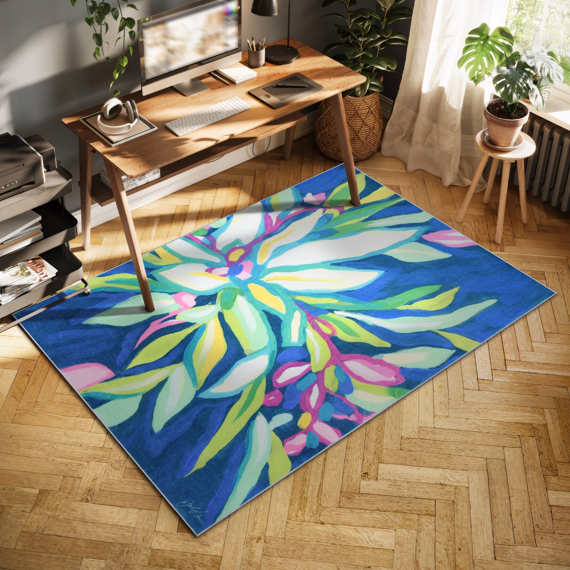 Image 3 Blue Tropics I 5'x 8'Hand Washable Flowers Power-loomed Art Area Rug more views