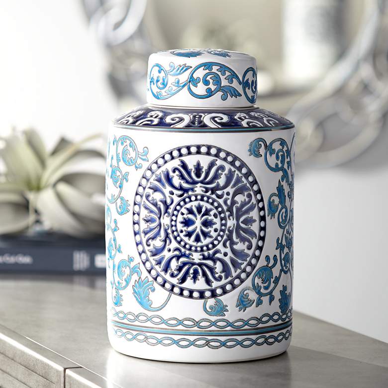 Image 1 Blue Two-Tone 12 3/4" High Ceramic Tea Jar