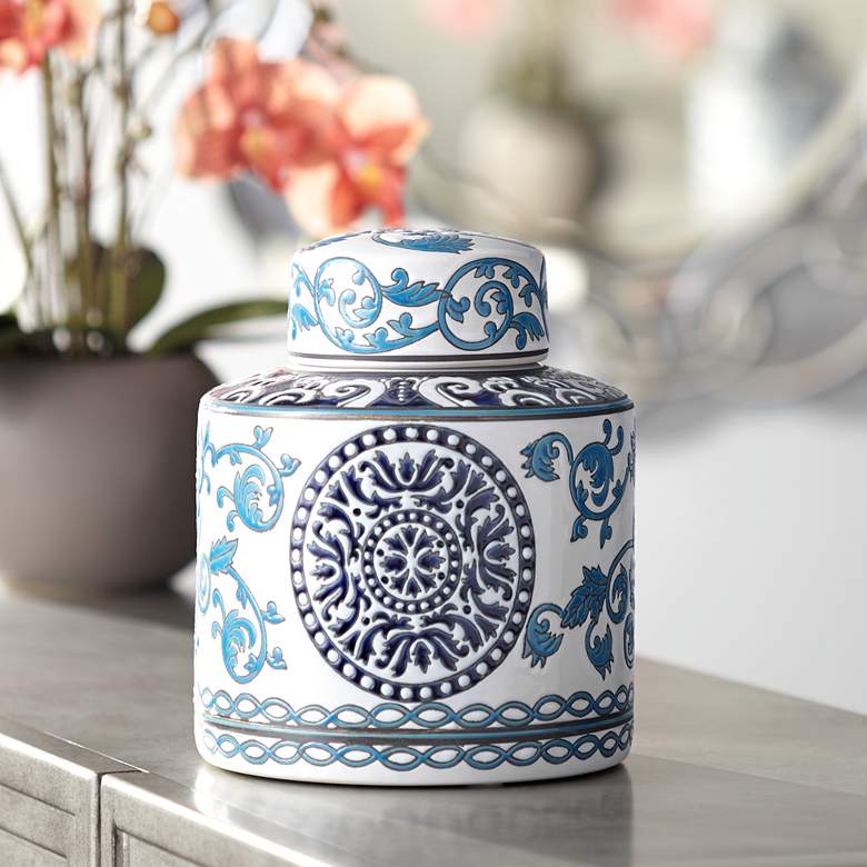 Image 1 Blue Two-Tone 7 1/4 inch High Small Ceramic Tea Jar