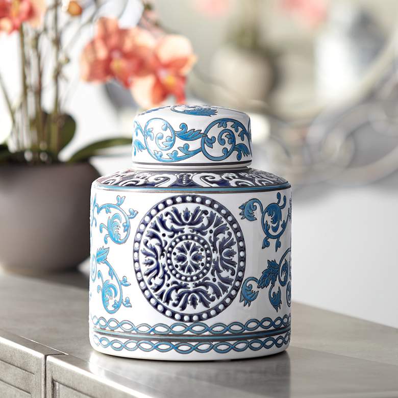 Image 1 Blue Two-Tone 7 1/4" High Small Ceramic Tea Jar