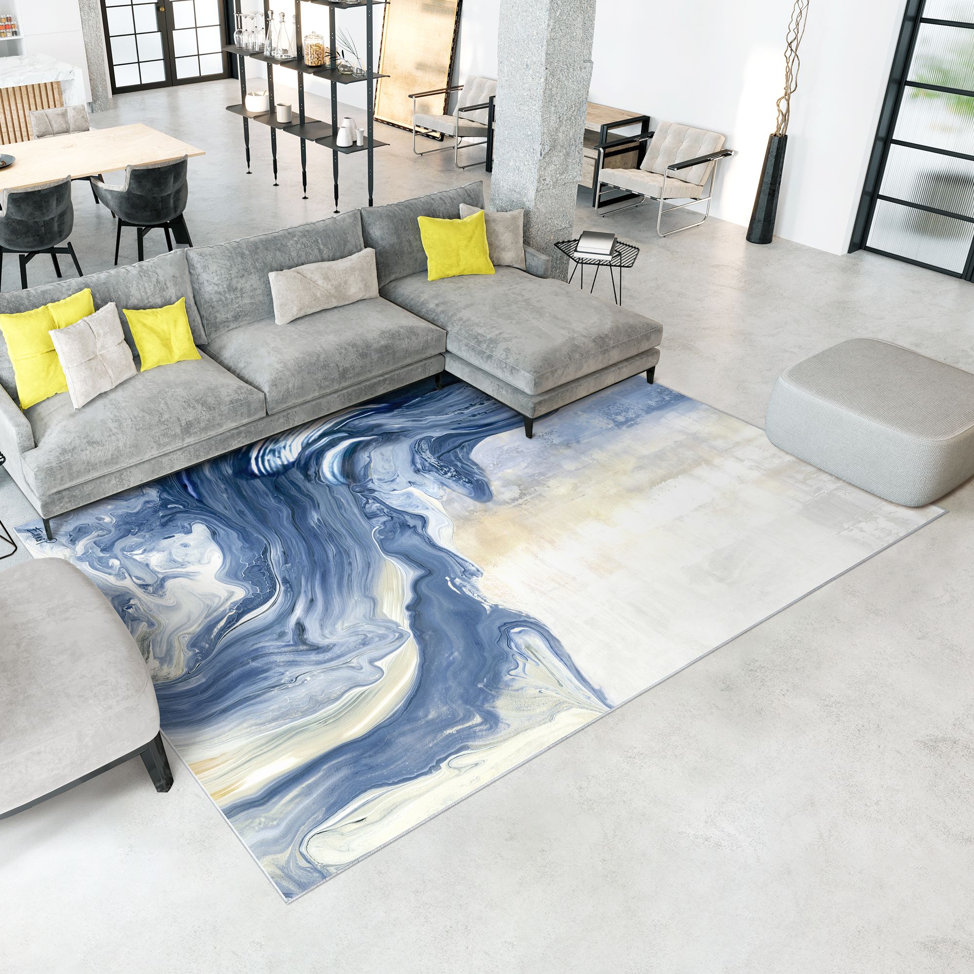 Image 2 Blue Vulcanic Explosion Washable Abstract Art Area Rug size 8'x10' more views