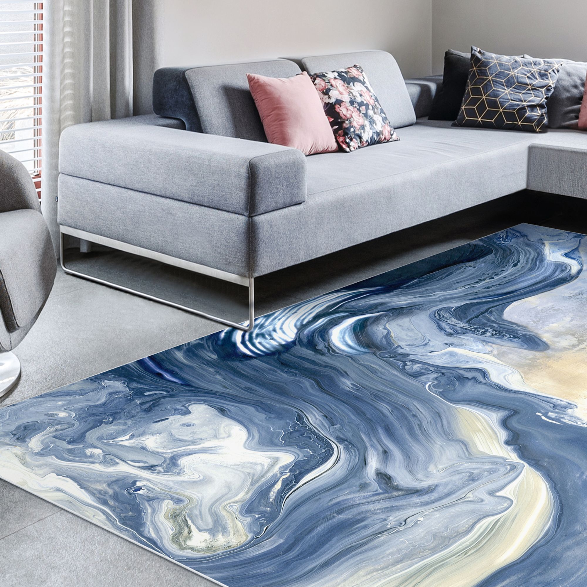 Image 5 Blue Vulcanic Explosion Washable Abstract Art Area Rug size 8'x10' more views