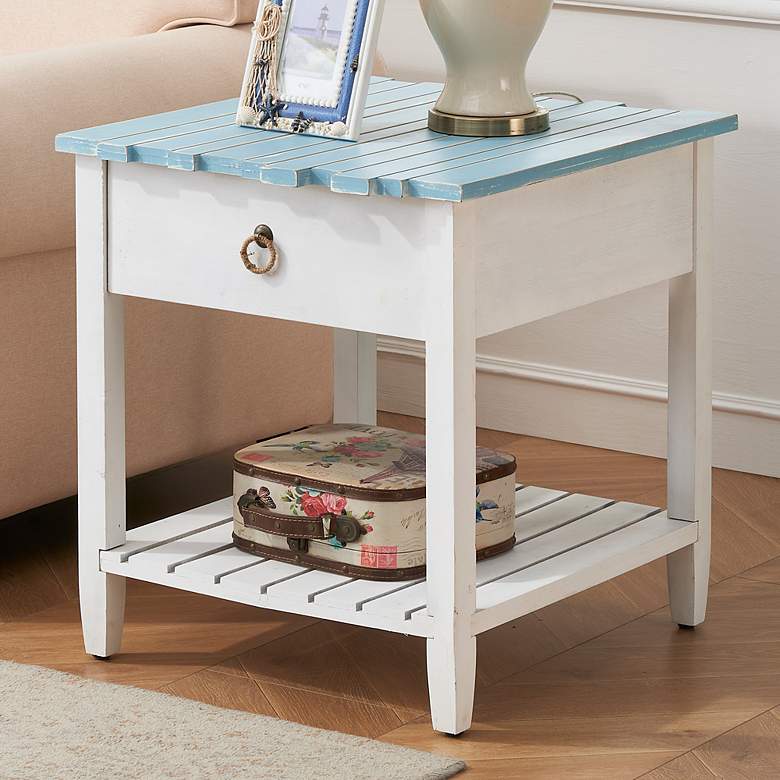 Boardwalk 22&quot;W White and Blueish Green 1-Drawer End Table