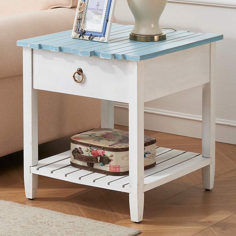 Image 1 Boardwalk 22"W White and Blueish Green 1-Drawer End Table