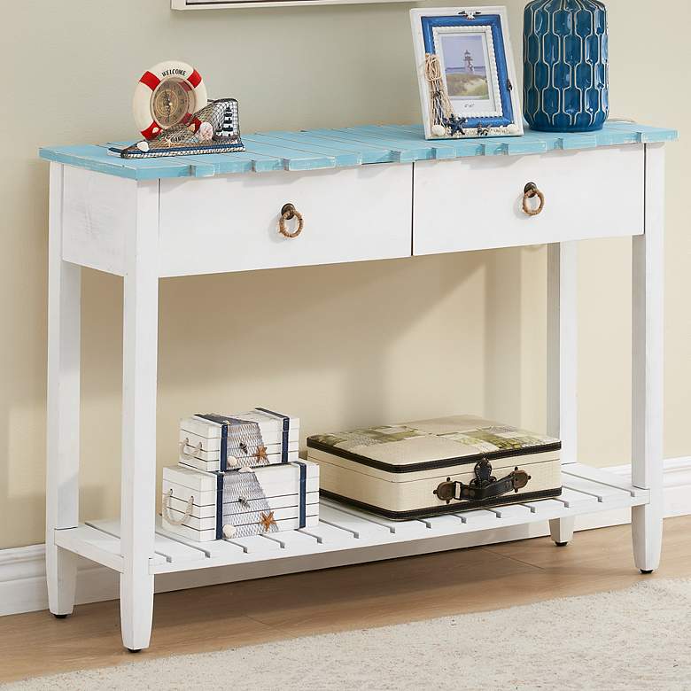 Image 1 Boardwalk 42 inchW White Blueish Green 2-Drawer Console Table