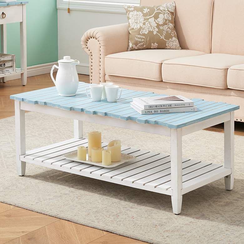 Image 1 Boardwalk 45"W White Blueish Green 1-Shelf Cocktail Table