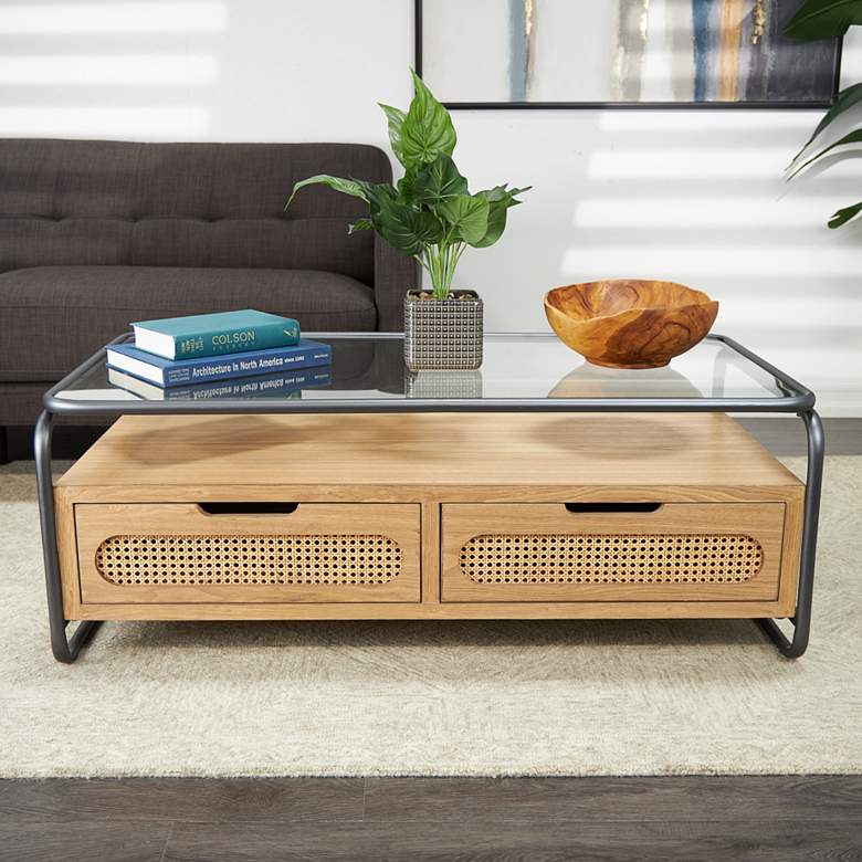 Image 1 Bohemian 47" Wide Brown Wood Gray Metal 2-Drawer Coffee Table