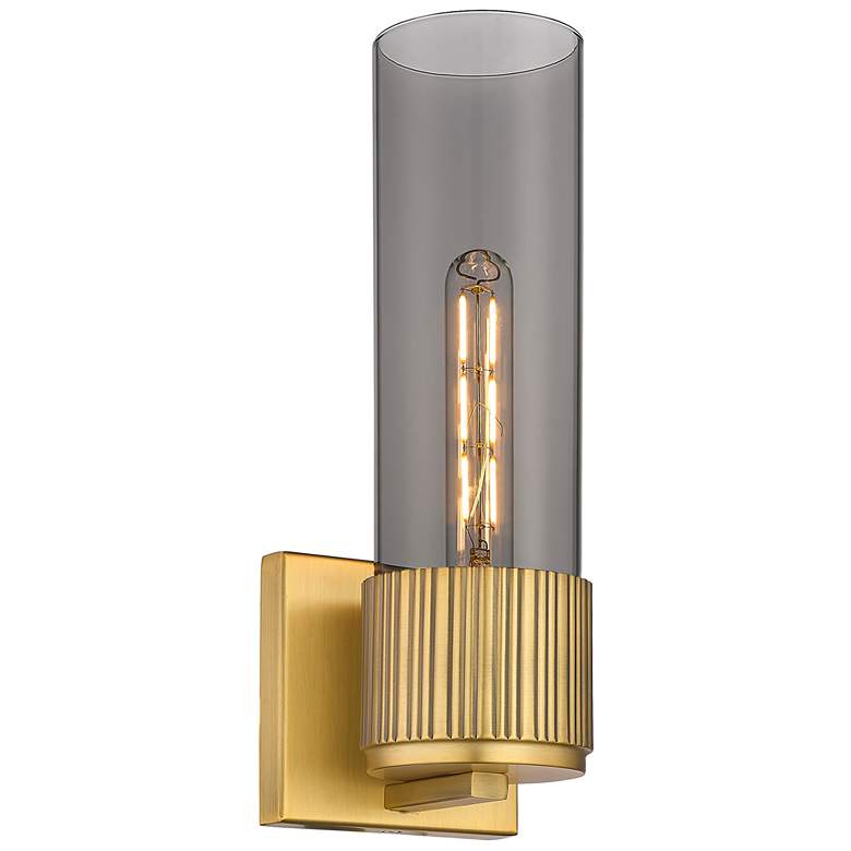 Image 1 Bolivar 15" High Brushed Brass Sconce With Plated Smoke Glass Shade