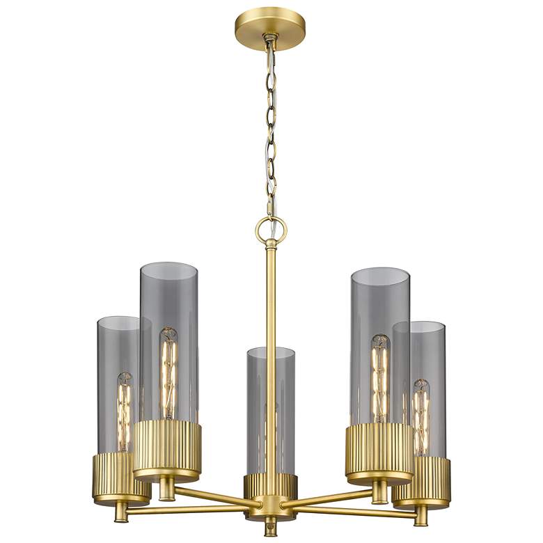 Image 1 Bolivar 25"W 5 Light Brushed Brass Chain Hung Chandelier w/ Smoke Shad