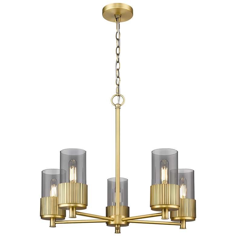 Image 1 Bolivar 25"W 5 Light Brushed Brass Chain Hung Chandelier w/ Smoke Shad