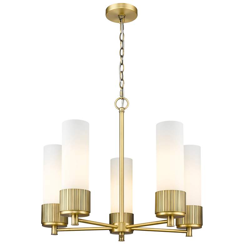 Image 1 Bolivar 25"W 5 Light Brushed Brass Chain Hung Chandelier w/ White Shad