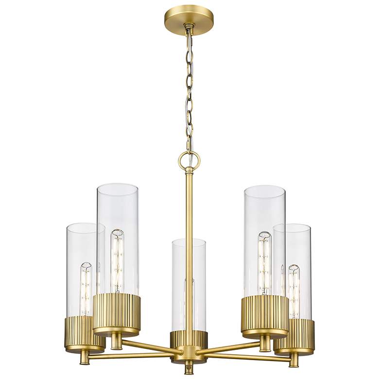 Image 1 Bolivar 25"W 5 Light Brushed Brass Chain Hung Chandelier With Clear Sh