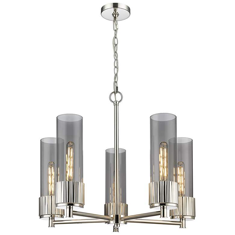 Image 1 Bolivar 25"W 5 Light Polished Nickel Chain Hung Chandelier w/ Smoke Sh