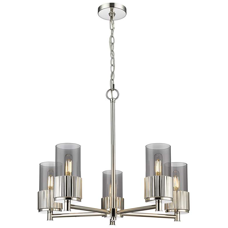 Image 1 Bolivar 25"W 5 Light Polished Nickel Chain Hung Chandelier w/ Smoke Sh