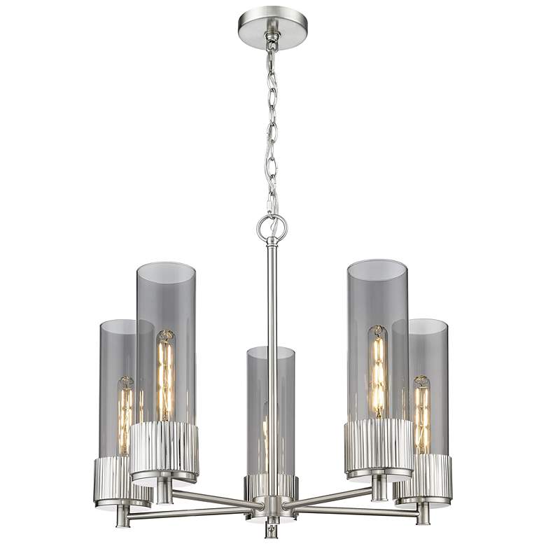 Image 1 Bolivar 25"W 5 Light Satin Nickel Chain Hung Chandelier w/ Smoke Shade