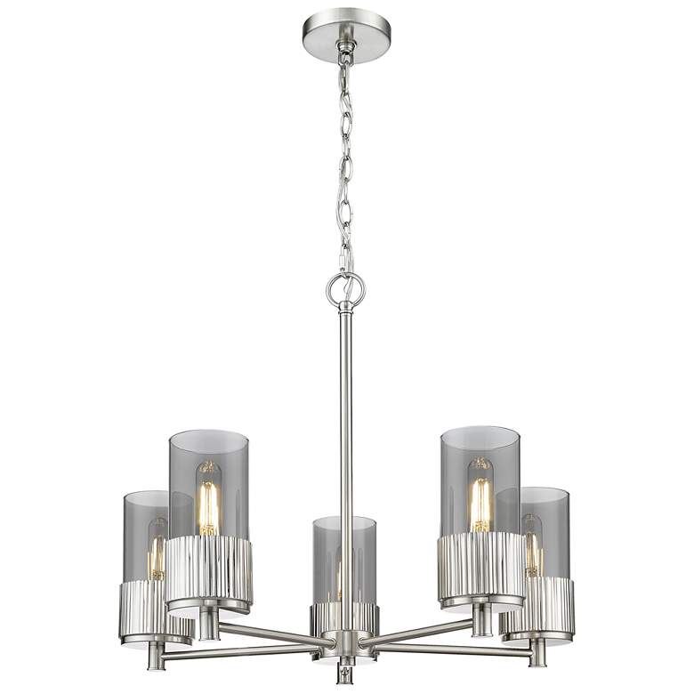 Image 1 Bolivar 25"W 5 Light Satin Nickel Chain Hung Chandelier w/ Smoke Shade