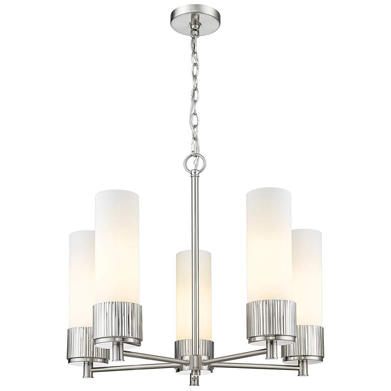 Image 1 Bolivar 25"W 5 Light Satin Nickel Chain Hung Chandelier w/ White Shade