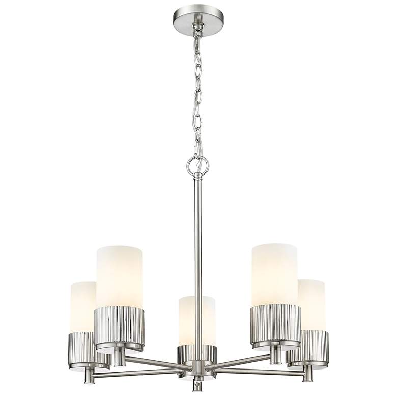 Image 1 Bolivar 25"W 5 Light Satin Nickel Chain Hung Chandelier w/ White Shade