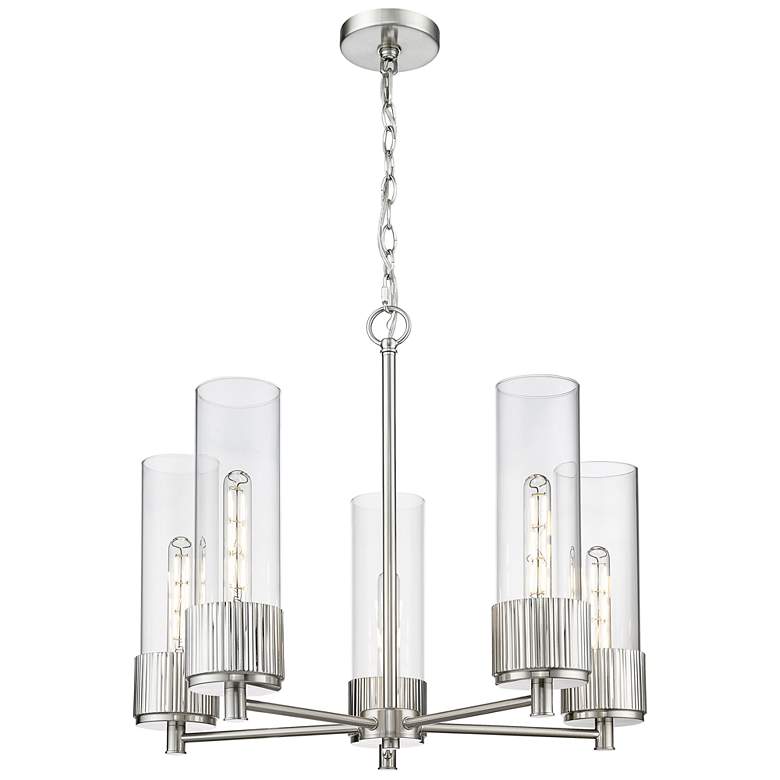 Image 1 Bolivar 25 inchW 5 Light Satin Nickel Chain Hung Chandelier With Clear Sha