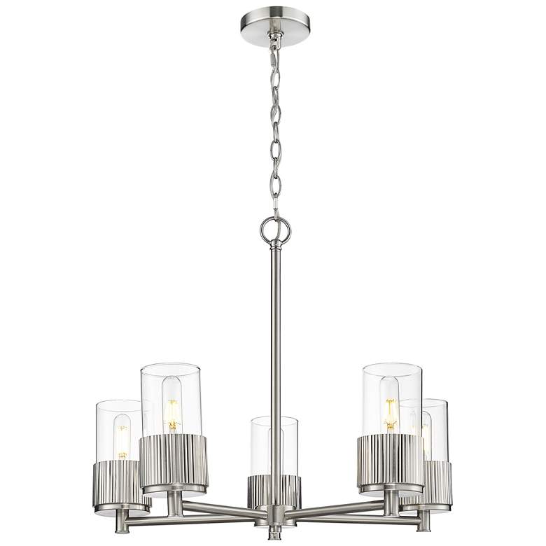 Image 1 Bolivar 25 inchW 5 Light Satin Nickel Chain Hung Chandelier With Clear Sha