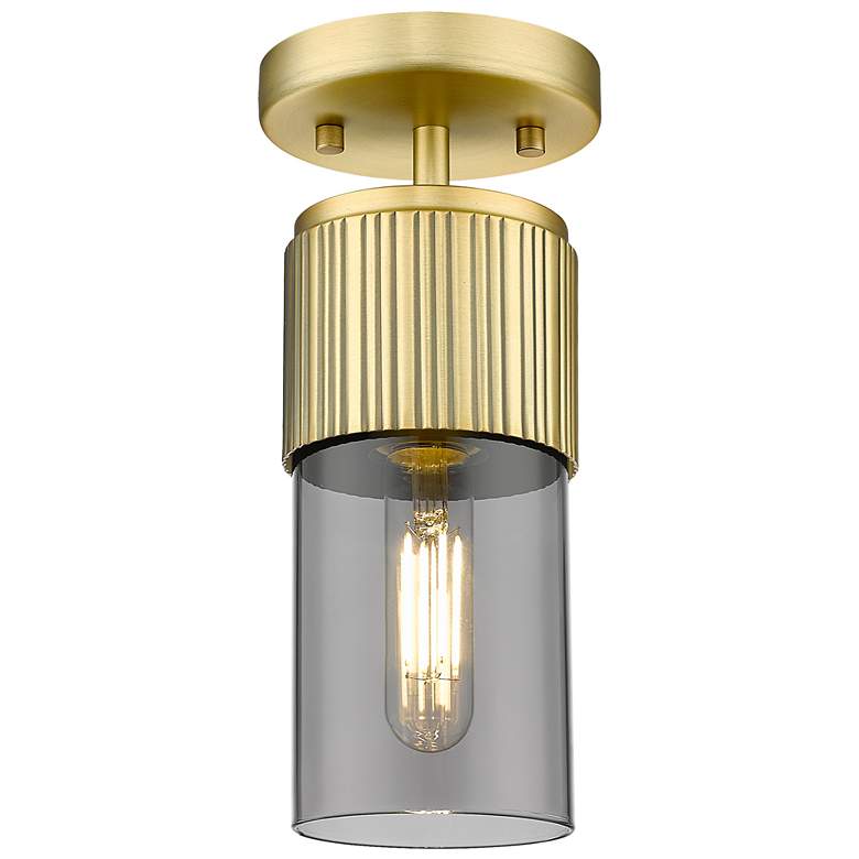 Image 1 Bolivar 4" Wide Brushed Brass Flush Mount With Plated Smoke Glass Shad