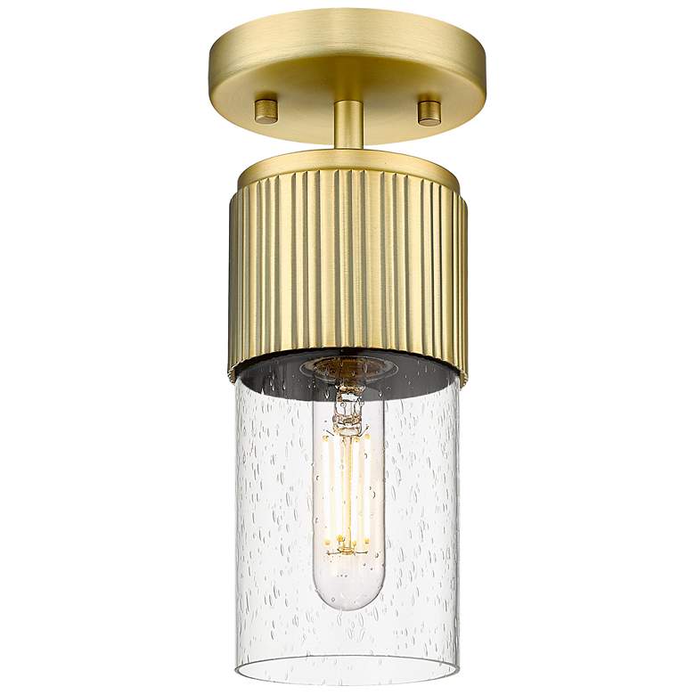 Image 1 Bolivar 4" Wide Brushed Brass Flush Mount With Seedy Glass Shade