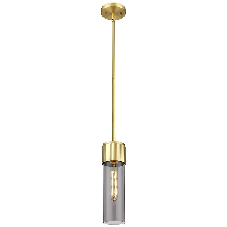 Image 1 Bolivar 4 inch Wide Brushed Brass Stem Hung Pendant With Plated Smoke Shad