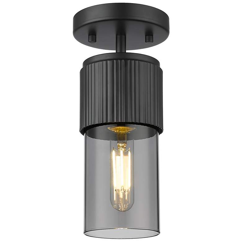 Image 1 Bolivar 4" Wide Matte Black Flush Mount With Plated Smoke Glass Shade