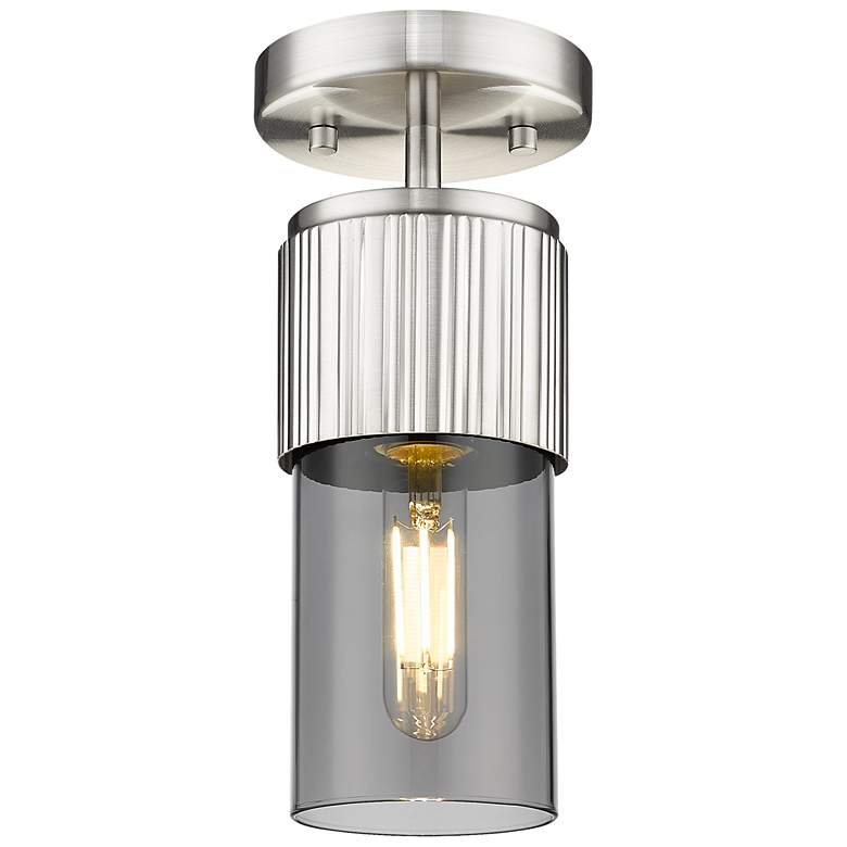 Image 1 Bolivar 4" Wide Satin Nickel Flush Mount With Plated Smoke Glass Shade